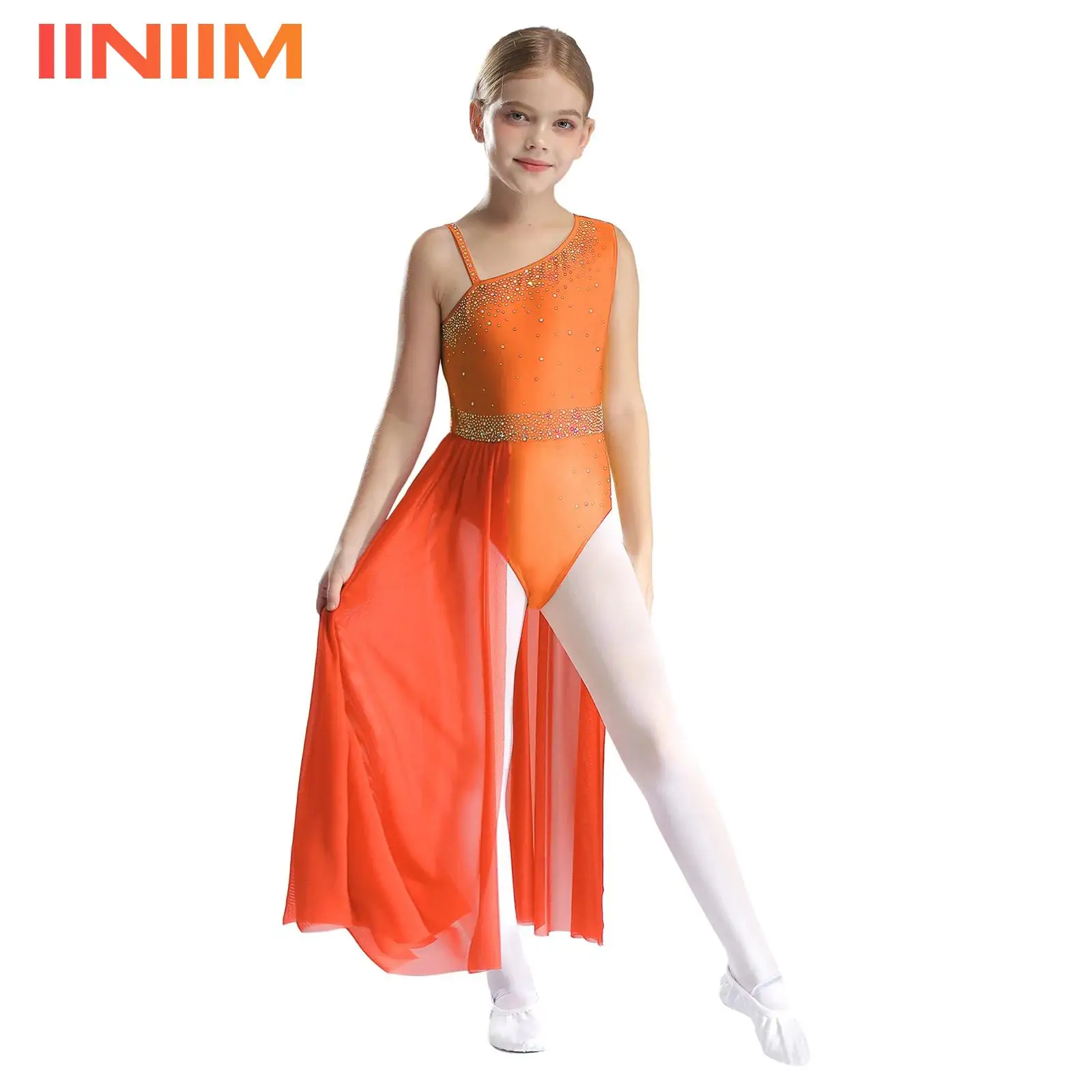 

Детский гимнастический костюм для девочек: балетное трико с блестящими стразами, прозрачной сетчатой юбкой и пайетками, для лирического танца и фигурного катания