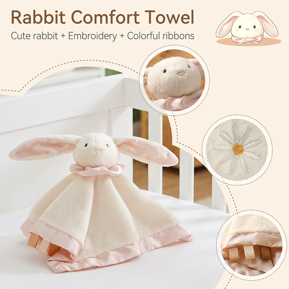 Soft Plush Rabbit Comfort Blanket Double-Sided Textured Baby Touch Toy Promotes Sensory Development Newborn Anxiety Relief Toys