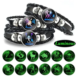 Birthday Present 12 Constellation Luminous Bracelet Leather Bracelet Zodiac Charm Bracelet for Men Women