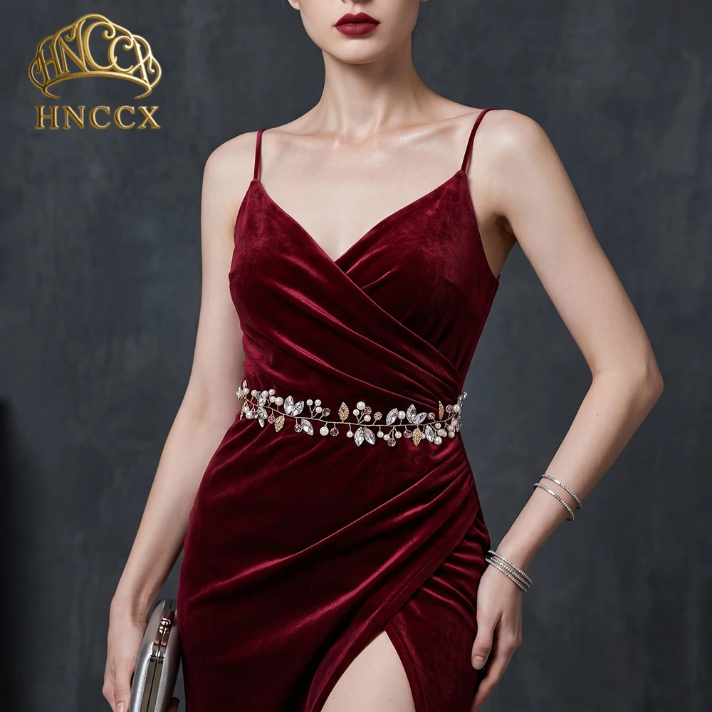 HNCCX Fashion Bridal Sash Gold Alloy Leaf Crystal Pearl Wedding Waist Belt Handmade Rhinestone Floral Sash For Wedding SA233