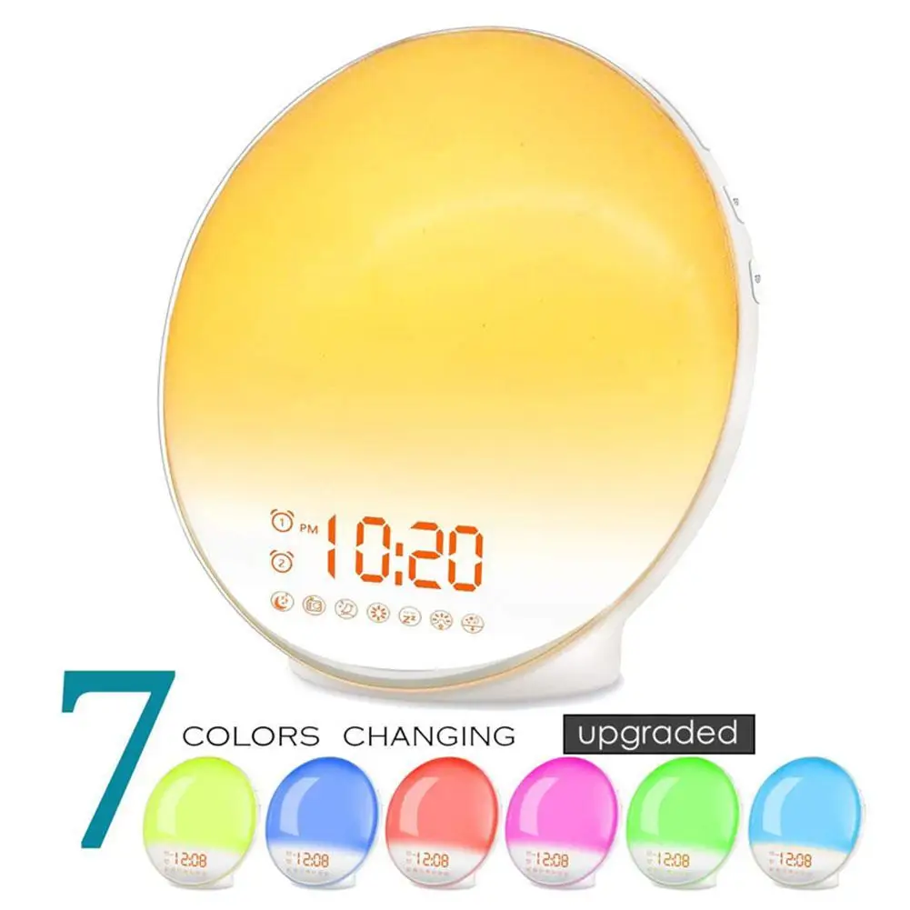 

Wake Up Light Alarm Clock with Sunrise Sunset Simulation Dual Alarms FM Nightlight 7 Color Natural Sounds Snooze Desk Clock