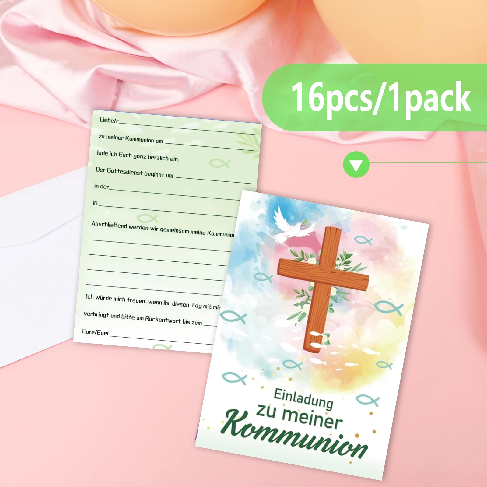 16 Stk. Einladungskarten für christliche Kommunion – elegantes Aquarelldesign mit Kreuz-, Tauben- und Fischsymbolen, perfekt für
