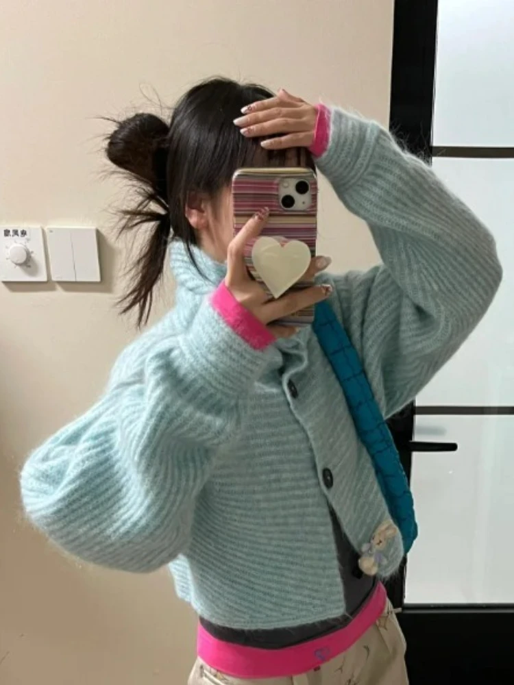 Mulheres lapela única fileira botão de malha sólida cardigan outono inverno moda oversized curto outerwear casual manga longa casaco novo