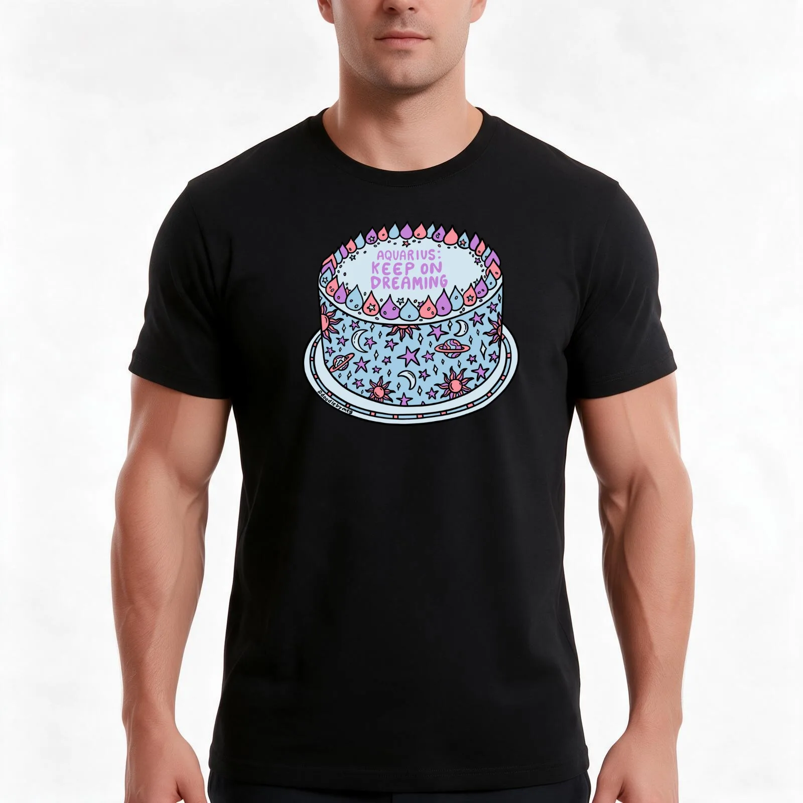 Aquarius Cake T-Shirt, Summer Casual Cotton Tee, Oversized Streetwear Tops, Vintage Graphic Print, Loose Fit Short Sleeve