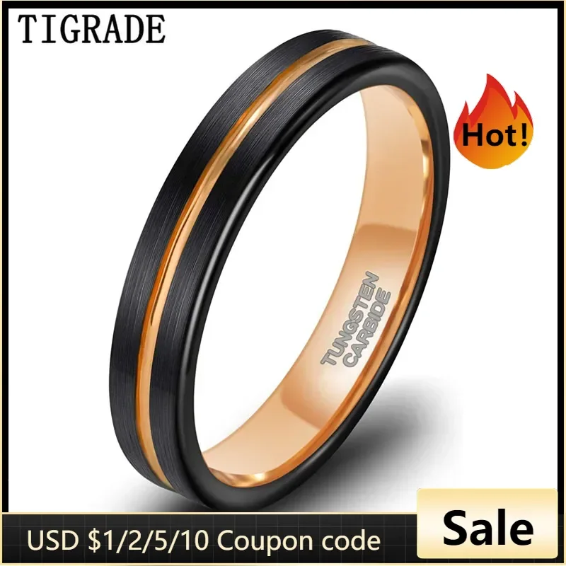 TIGRADE 4mm Tungsten Ring Wedding Bands for Men Women Thin Groove Two Tone Engagement Ring Blue and Rose Gold Color Size 5-12