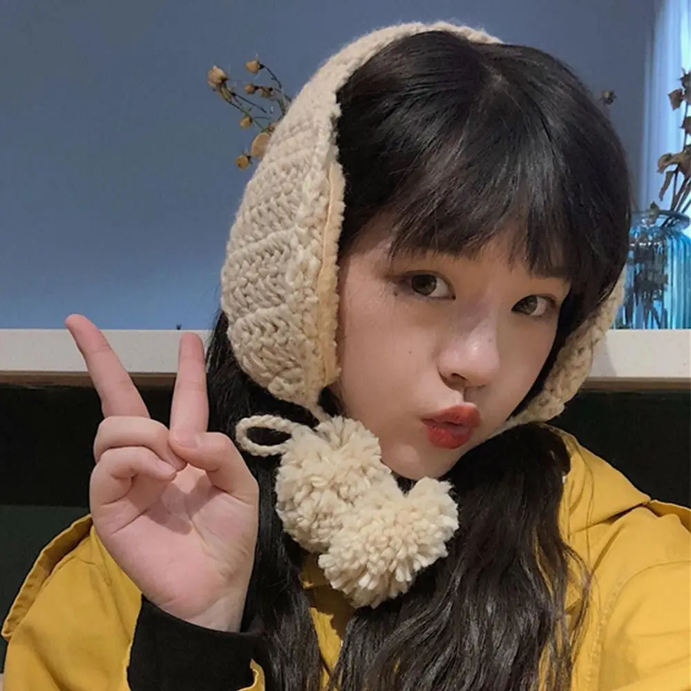 Y2k Plush Knitted Earmuffs with Hairball Thicken Ear Protector Headband Solid Color Ear Protection Warm Earmuffs Girl