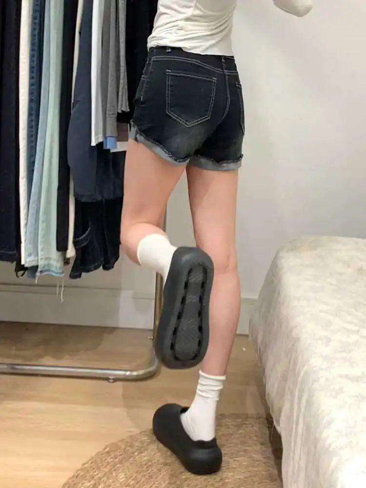 

2025 Summer Thin Women Denim Shorts Dark Blue High Waist Straight Short Pants American Vintage Cool Girl Jeans