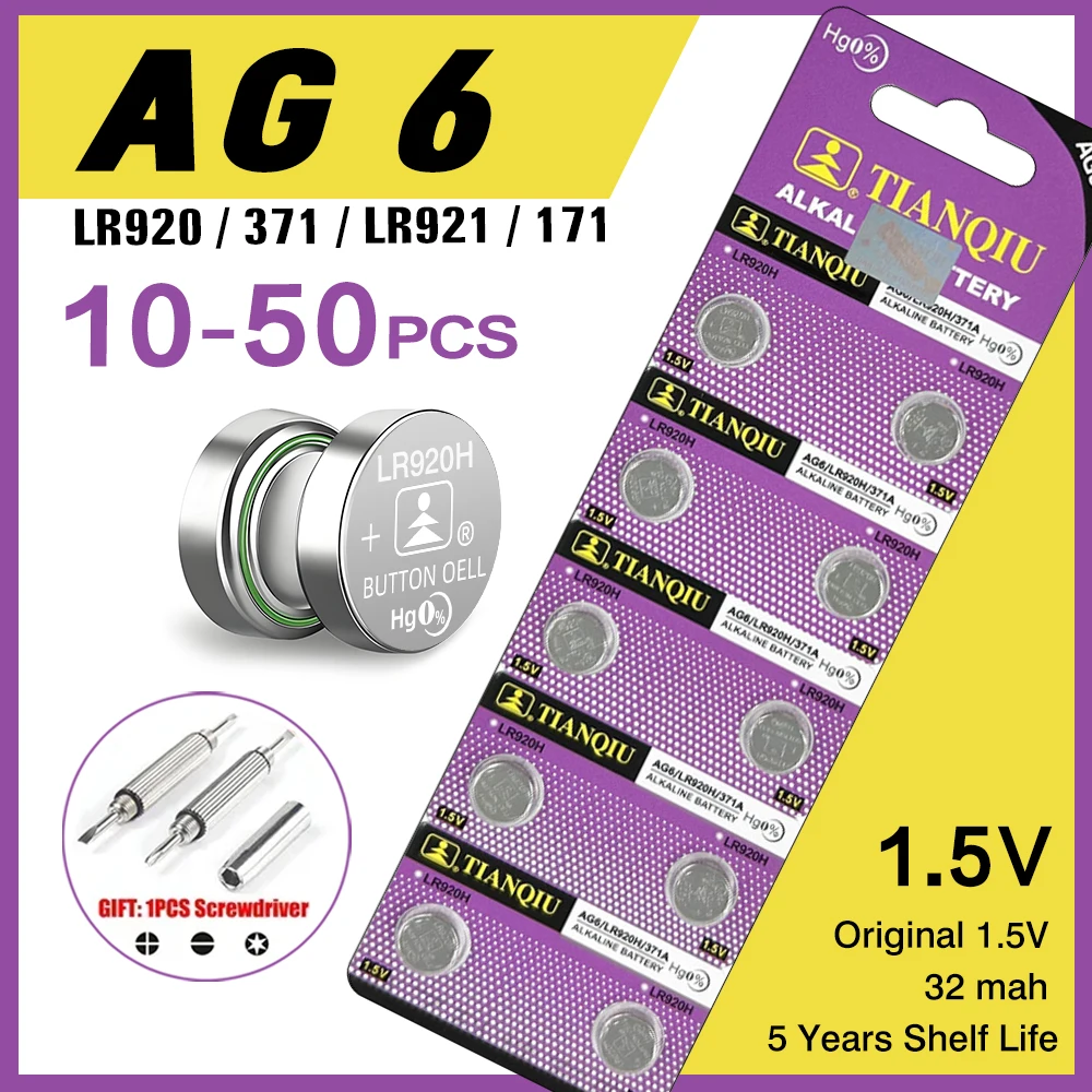 Щелочная батарея TIANQIU AG6 1,55 В, кнопка типа «таблетка» 371 SR920SW LR920 SR927 171 370 L921 LR69 SR920, батарея для часов, Прямая поставка