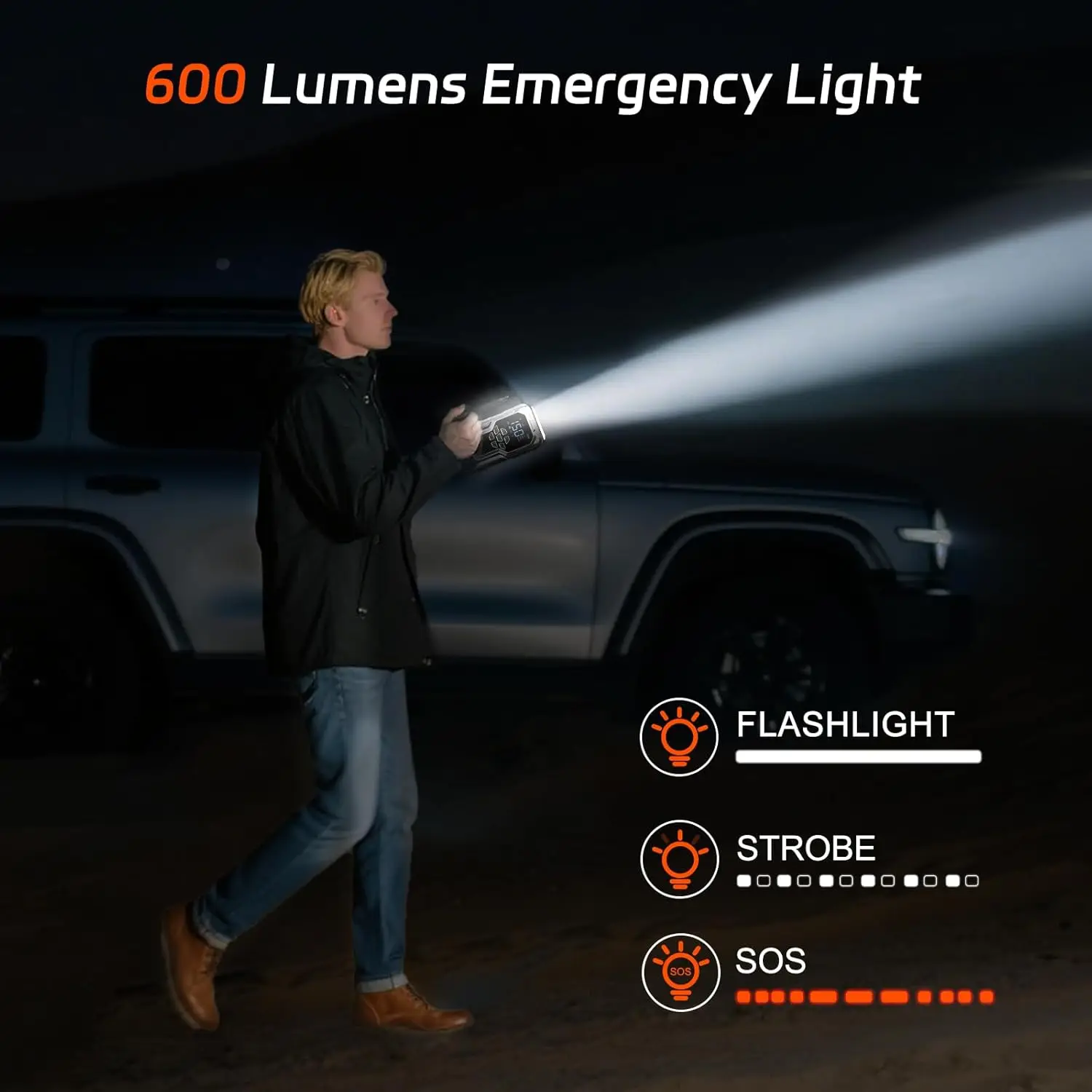 Jump Starter مع ضاغط هواء، معزز بطارية 6000 أمبير 12 فولت، منفاخ 150 رطل لكل بوصة مربعة، شاشة LCD وإضاءة LED، طاقة محمولة 21800 مللي أمبير في الساعة