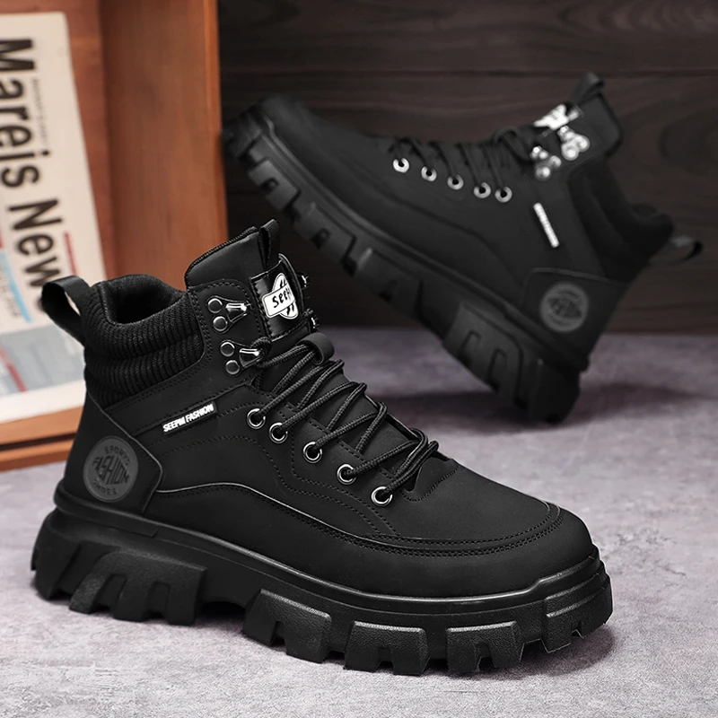 

Осенние черные ботинки на платформе, мужские модные мужские ботильоны на шнуровке, уличные кожаные рабочие ботинки для мотоциклетной обуви, botas hombre