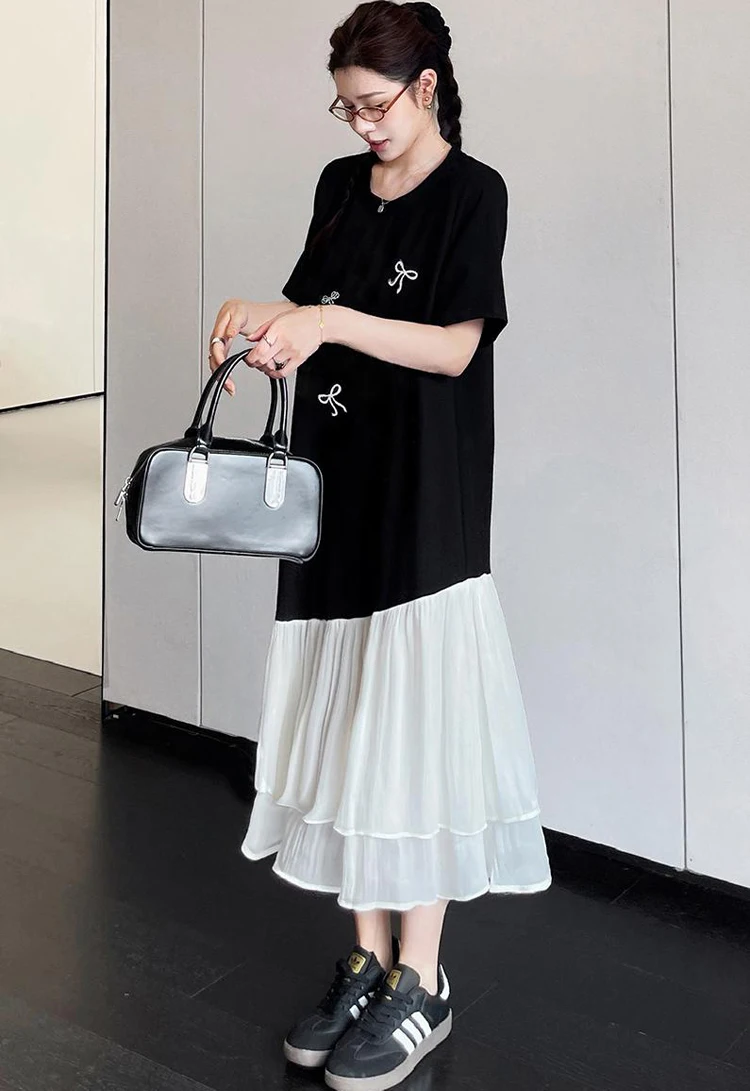 NYFS فستان صيفي 2025 كوريا نمط المرأة فضفاضة حجم كبير كم قصير غير النظامية المرقعة الغزل هيم فستان طويل رداء Elbise #5