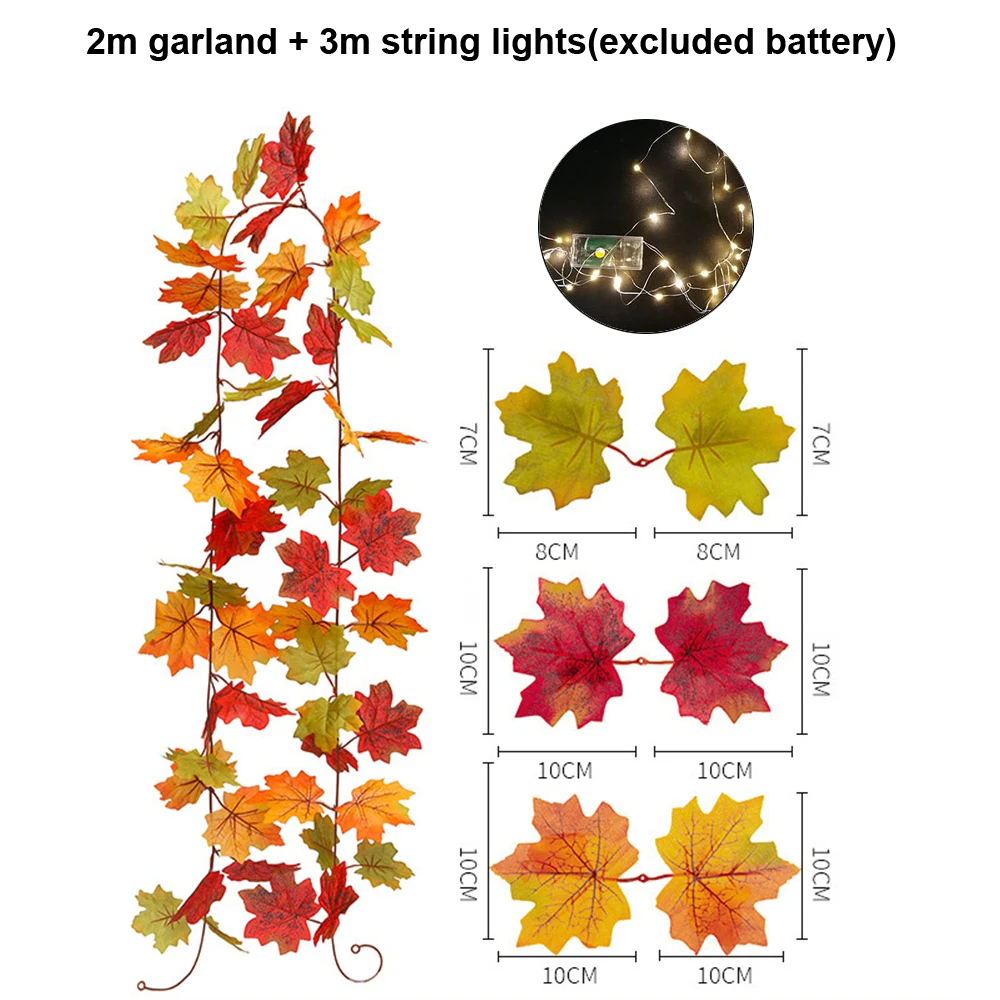 2m Fall Maple Leaves Garland with LED Light Artificial Autumn Hanging Vine Foliage Garland Thanksgiving Halloween Party Decor