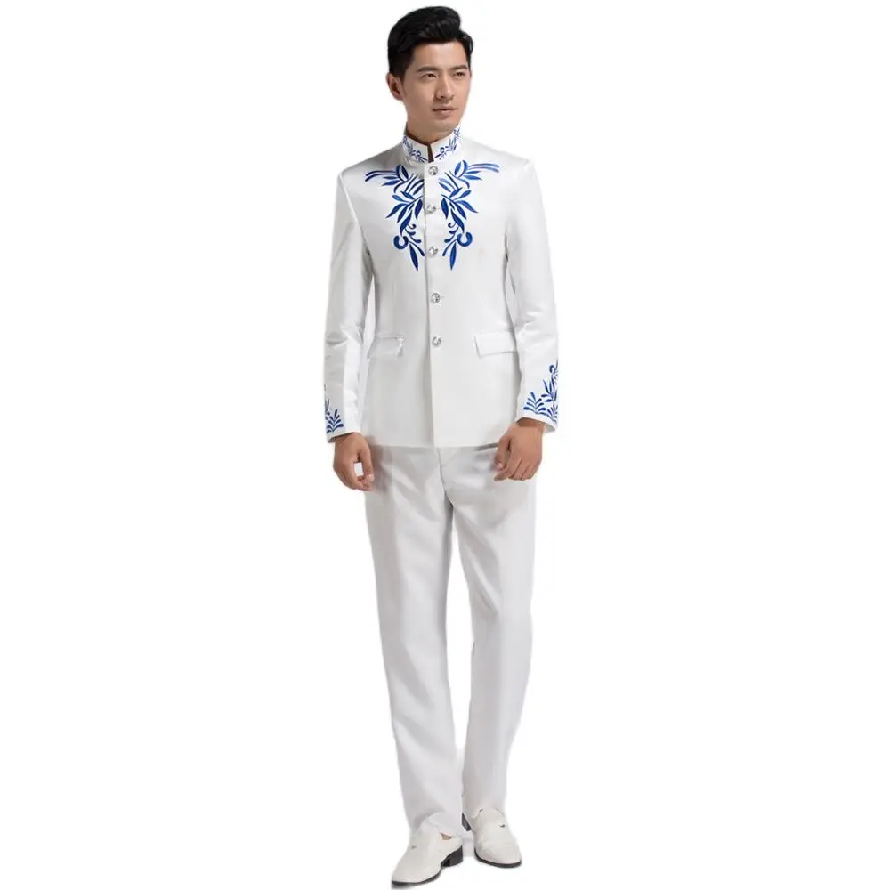 Chinese Traditional Clothing Men Sets Stand Collar Male Business Suit National Embroidery Formal Tunic Suit