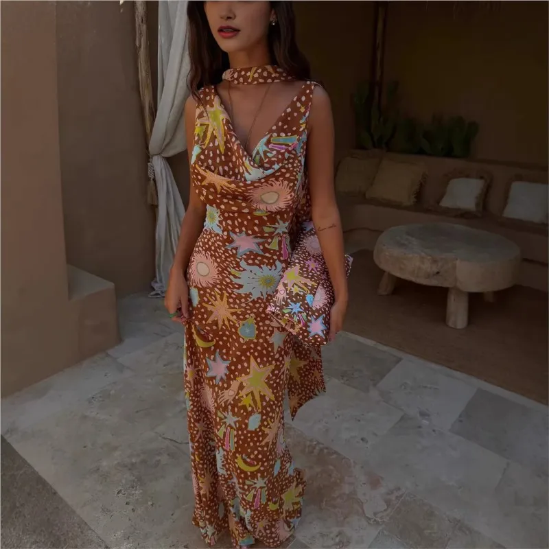 Sexy Urlaubs-Print Maxikleid Sommer Ärmellos V-Ausschnitt mit Seidenband Kleider für Damen Schlankes Streetwear Strandkleid 2026