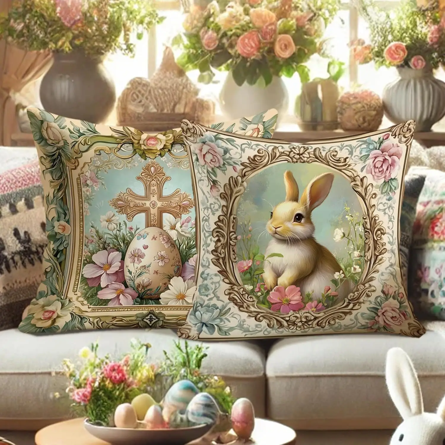 Easter Bunny Floral Pillow Case Cartoon Print Cushion Cover for Home Office Sofa