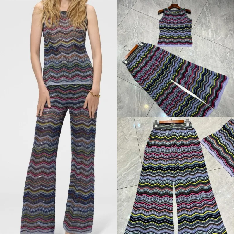 Bohemian Metallic Colorful Striped Pants Set for Women Unique 2026 Summer New Slim Fit Short Vest + Straight Pants Elegant Set