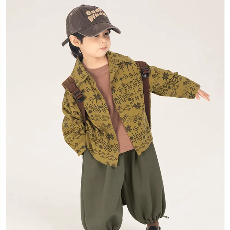 New Autumn Boys\' shirt 2024 Korean style children Retro style long sleeve shirts Kids boy cotton loose casual jacket