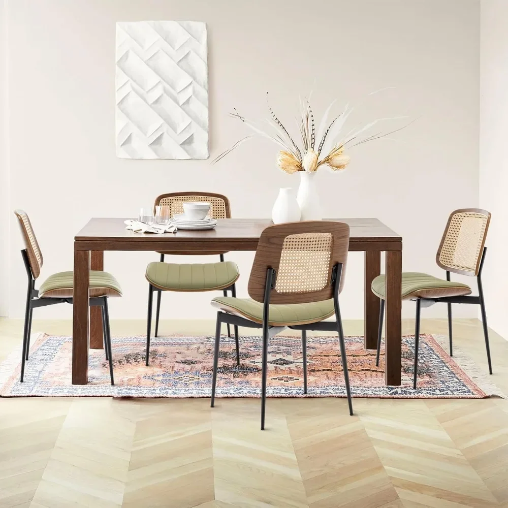 

Rattan Dining Chairs Set of 4,Mid Century Green PU Leather Kitchen Chairs,Upholstered Seat Metal Legs Chairs with Adjustable