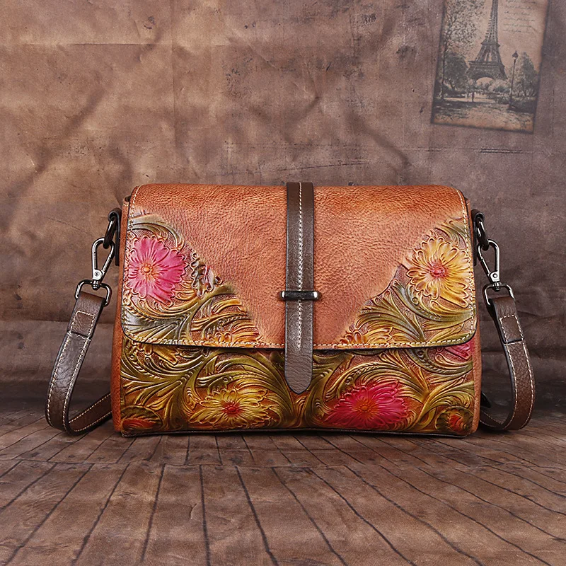 Women's New Fashion Genuine Leather Unique Embossing Vintage Flowers Flap Handbag ShoulderBag CrossbodyBag Office Daily