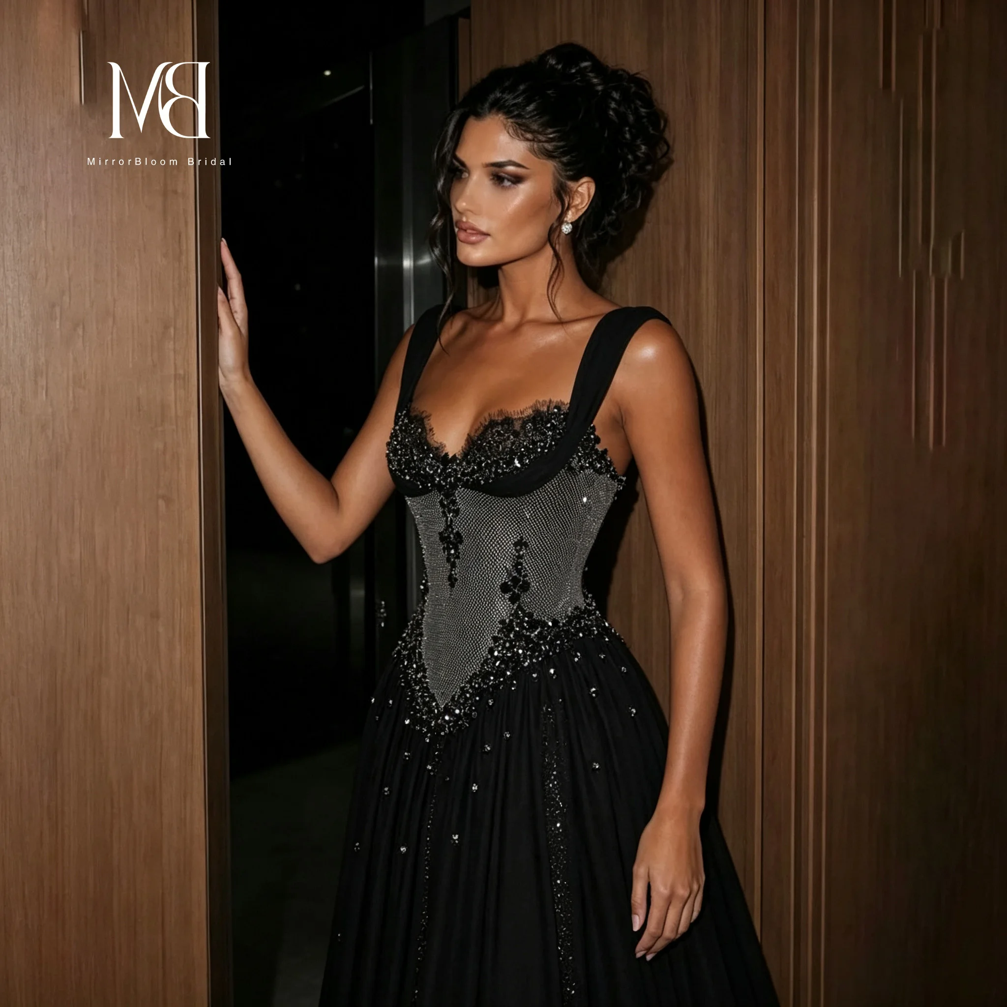 MB Black Evening Dress Sweetheart Neck Beaded Corset Pleated A Line Floor Length Formal Party Gown Women Prom Dress Customized
