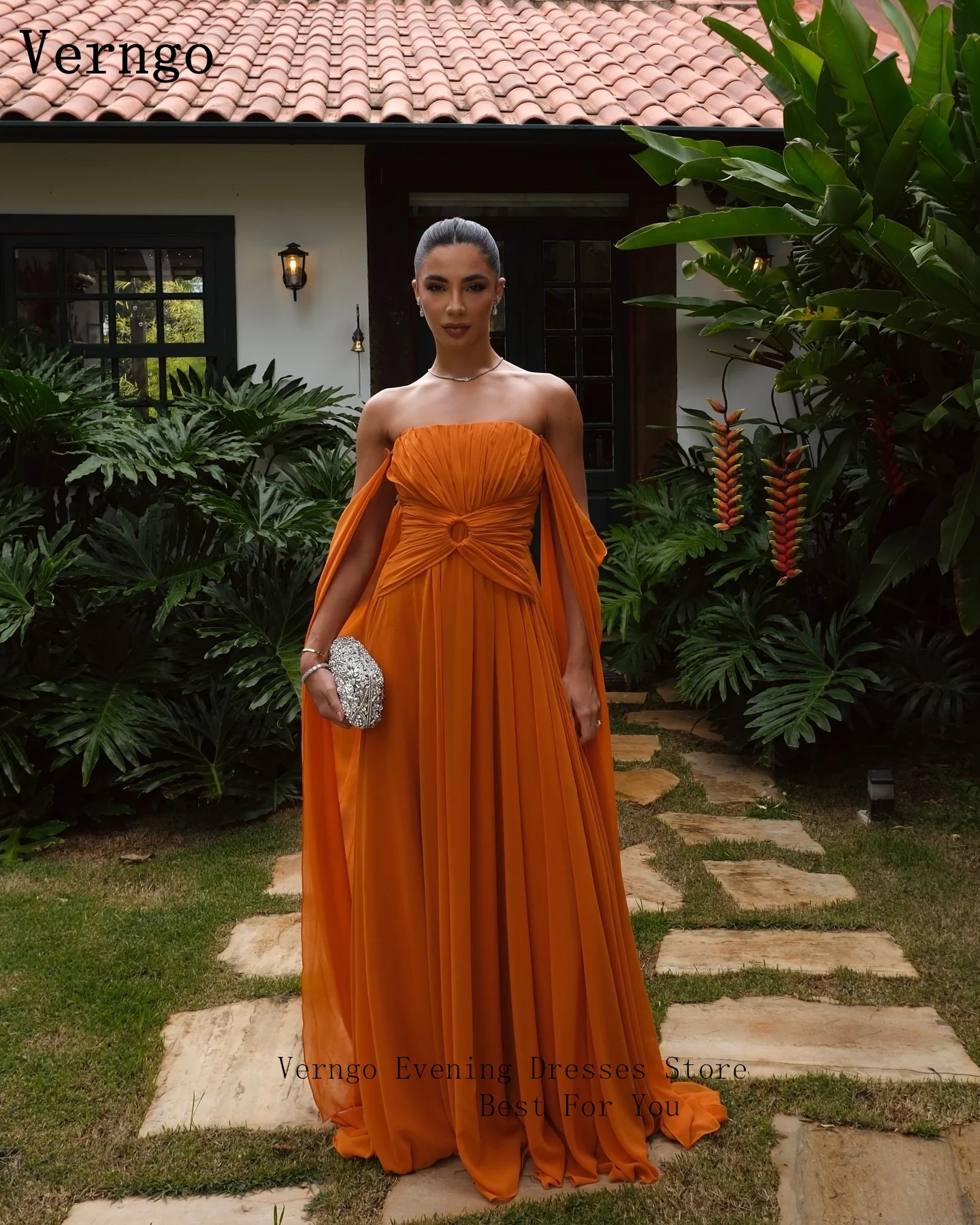 Verngo 오렌지 이브닝 드레스 우아한 오프 숄더 라인 댄스 파티 드레스 흐르는 핸드 플리츠 실크 파티 파티 드레스 맞춤형