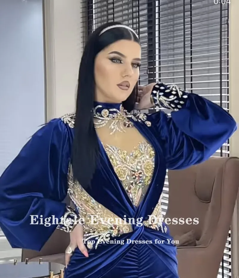 Eightale kaftan suknie wieczorowe na szyję długi z koralikami bufiaste rękawy aksamitna Custom Made syrenka suknia wieczorowa arabski dubaj Party Dress