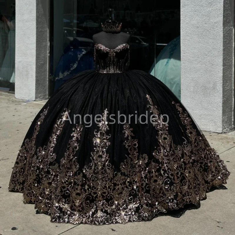 Angelsbride Black Glitter Tulle Sweetheart Vestido De 15 Quinceañera With Gpld Appliques Ball Gown Quinnceanera Dresses