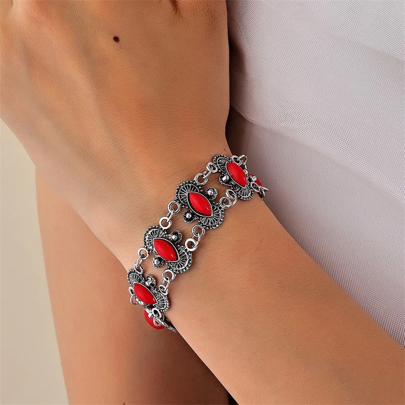 Oval Red Stone Adjustable Bracelets Vintage Ethnic Bohemian Bangles For Women Wrist Band Jewelry Gift
