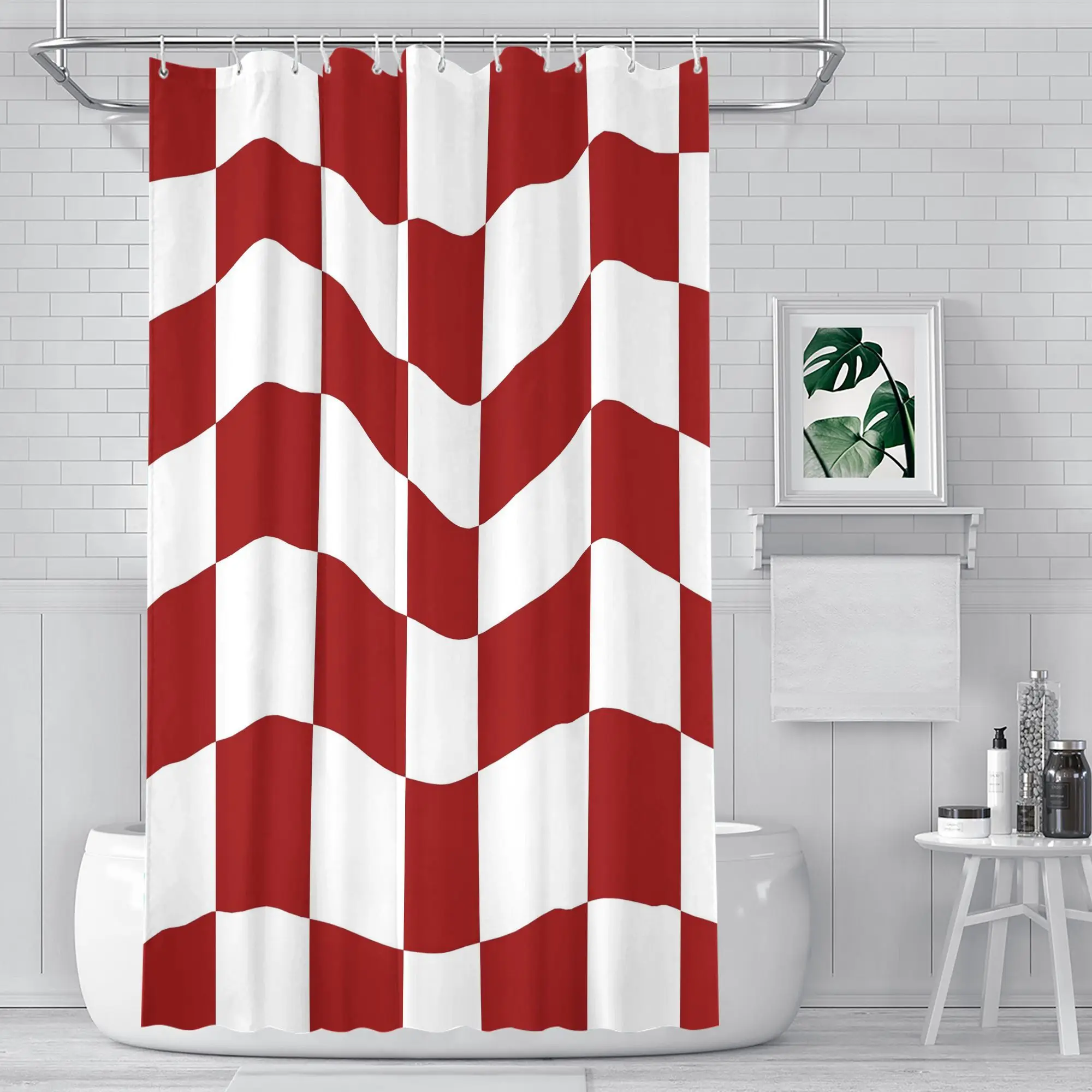 

Wavy Red & White Checkerboard Shower Curtain – Optical Illusion Design 70.87x70.87 Inch Modern Guest Bath Decor