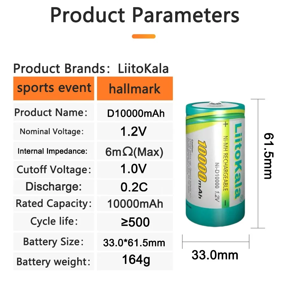 LiitoKala 1.2V 高容量 10000mAh NiMH 充電式電池 D/R20 サイズ 超低自己放電で長期使用可能