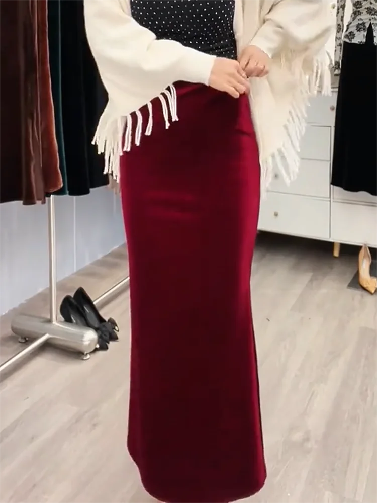 Wine Red Velvet Half Skirt Lazy Side Split Design Simple Wrap around Fish Tail Skirt Autumn Winter New Style Commute Korean S... view 4