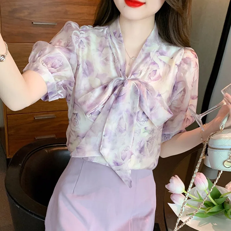 

Новая женская летняя блузка из шифона с цветочным принтом, с коротким рукавом, с завязками, элегантная, красивая, модная, маленькая блузка