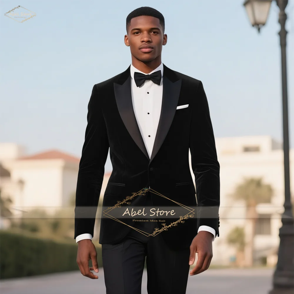 

Men's 2-Piece Velvet Blazer Set with Black Satin Peak Lapel and Formal Pants for Elegant Evening Events and Weddings
