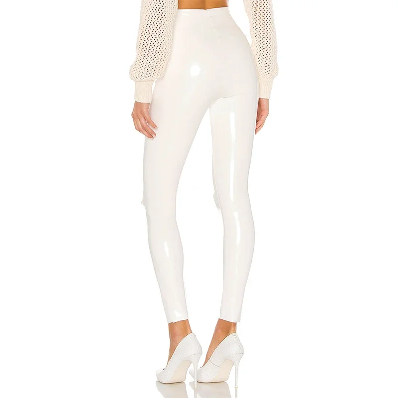 Pantalones de PVC blancos de cuero PU brillante para mujer, mallas ajustadas 4XL, pantalones ajustados de cintura alta elásticos de látex,