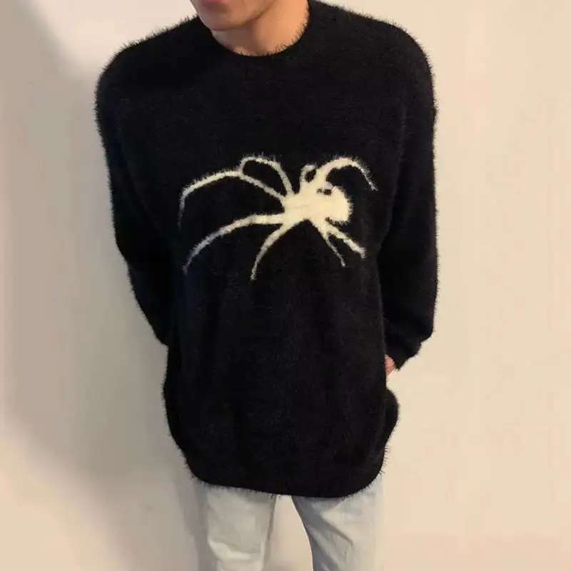 

HOUZHOU Spider Mohair Sweaters Men Korean Warm Knitting Autumn Winter Loose Casual Long Sleeve Pullovers Fleece Streetwear