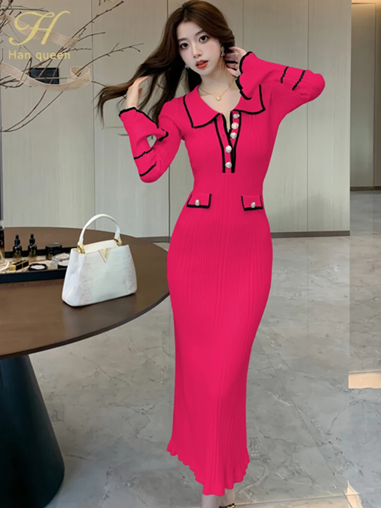 H Han Queen New Color Blocking Fashion Korean Long Dresses Women Autumn Knitted Party Dress Elastic Vintage Dress Woman Clothing