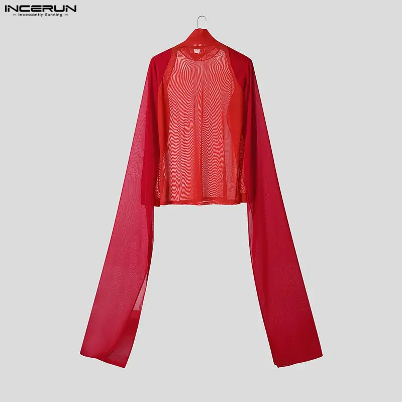 INCERUN الرجال تي شيرت شبكة المرقعة الياقة المدورة طويلة الأكمام انظر من خلال الرجال الملابس الشارع الشهير مثير موضة غير النظامية المحملة القمم