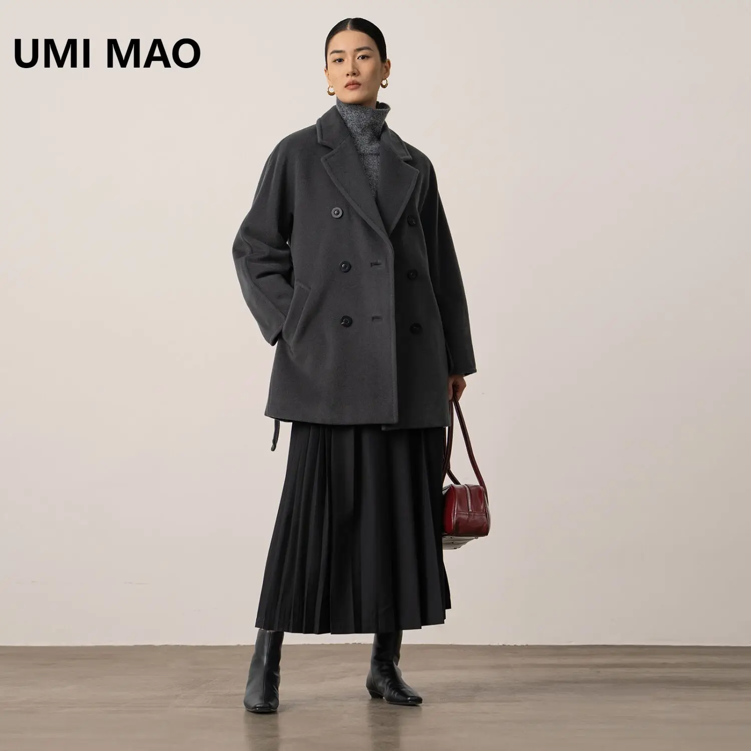 UMI MAO Women Long Medium Length Woolen Coat 10 Cashmere Single-sided Double Breasted Coat Women's Autumn Winter Female Overcoat