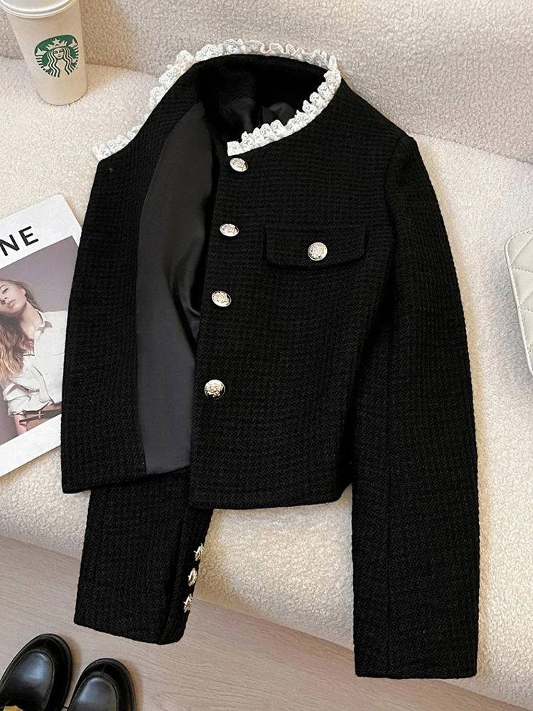 Zoki preto fino elegante tweed jaqueta feminina vintage rendas retalhos manga longa doce casaco outono inverno francês casual retro topos