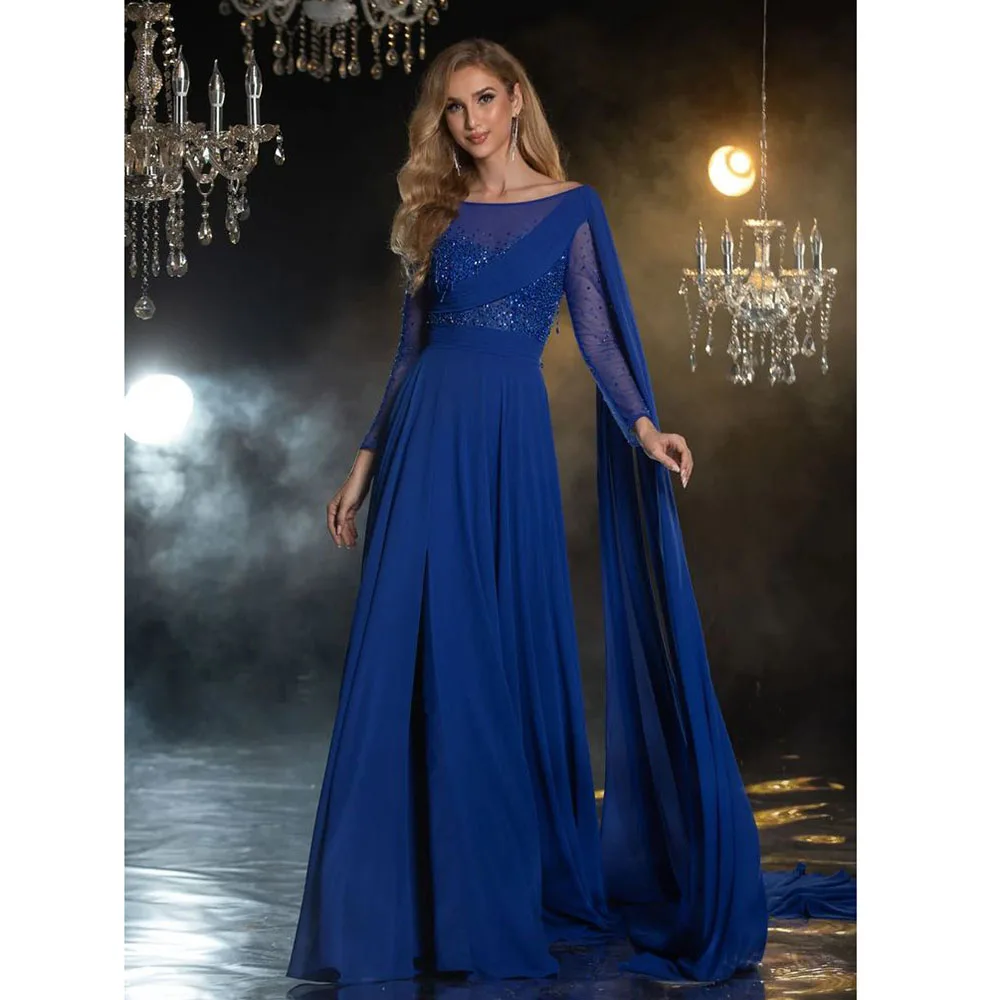 Vestidos de fiesta de noche elegantes a la moda, azul y verde, cuello redondo, largo hasta el suelo, mangas completas, corte en A, ilusión Sexy, vestidos de graduación brillantes para mujer