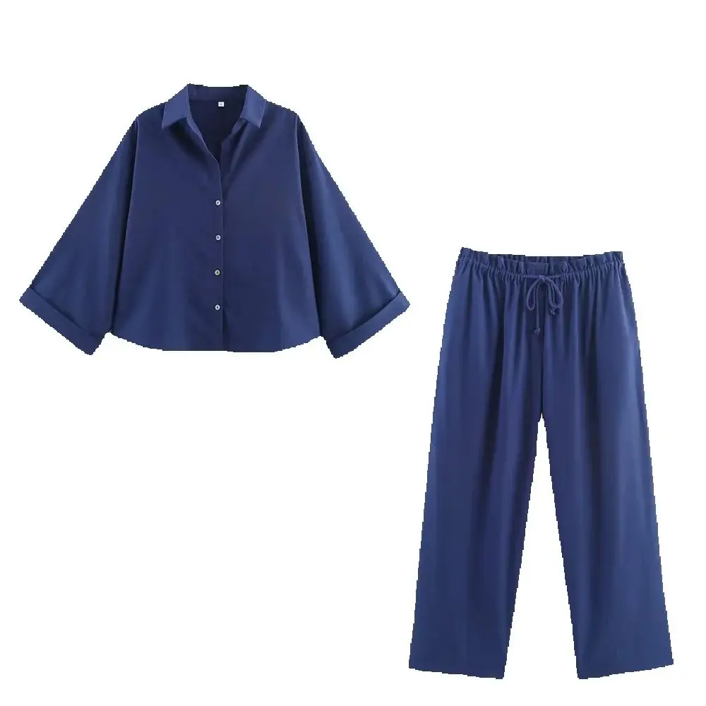 

European and American style autumn new women's clothing loose and versatile linen collar shirt, mid waist pants