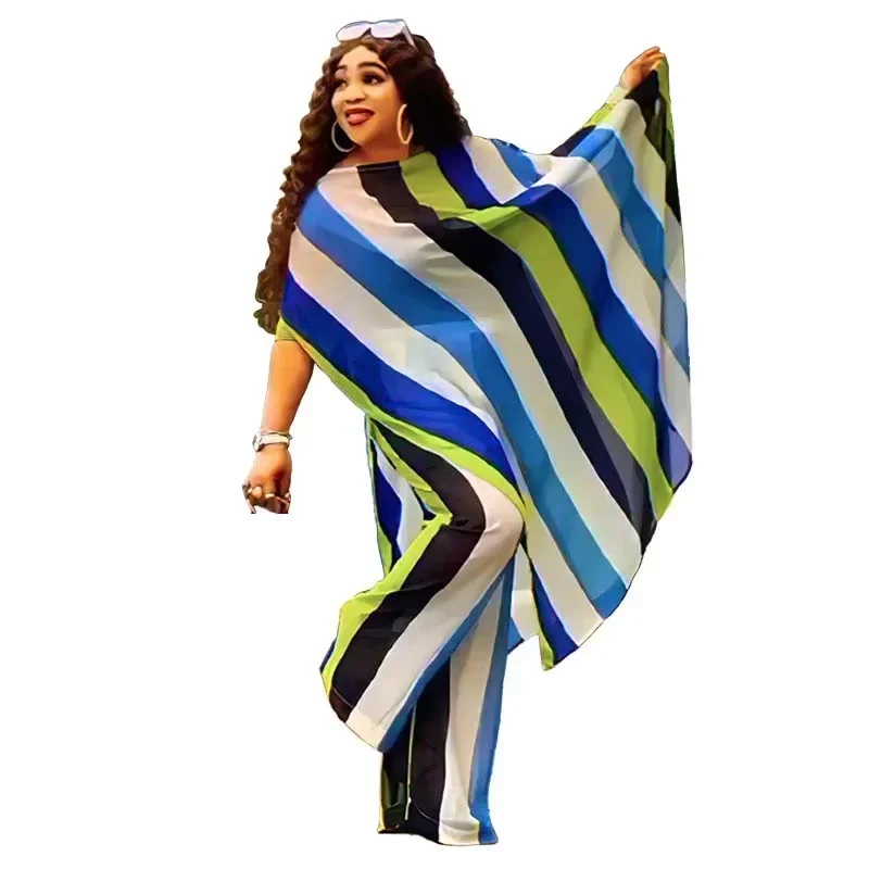 2 قطعة مجموعات ملابس الشيفون الأفريقي للنساء فستان الحفلات الصيف Dashiki بلوزات وسراويل دعوى الشارع ملابس غير رسمية حجم كبير