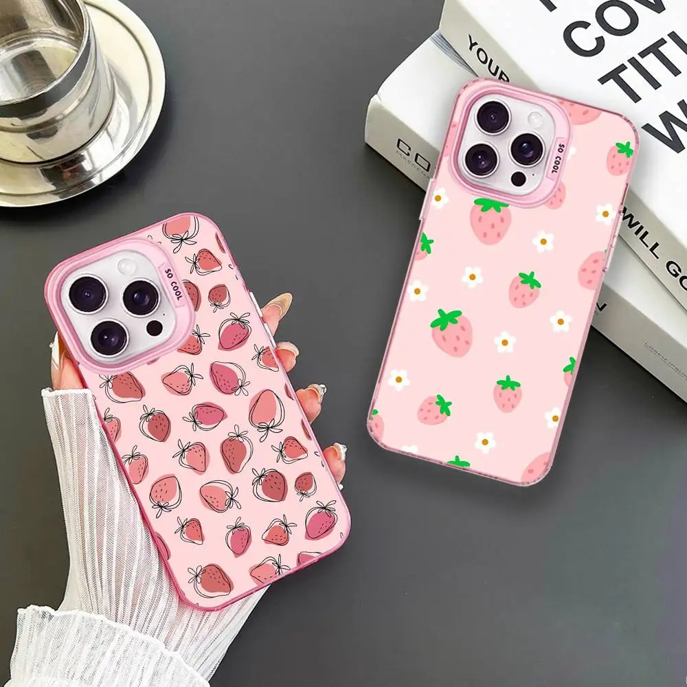 

Cute Painting Strawberry Phone Case For iPhone 16,15,14,13,12,11,Mini,Pro,MAX Pink Matte Shockproof Cover