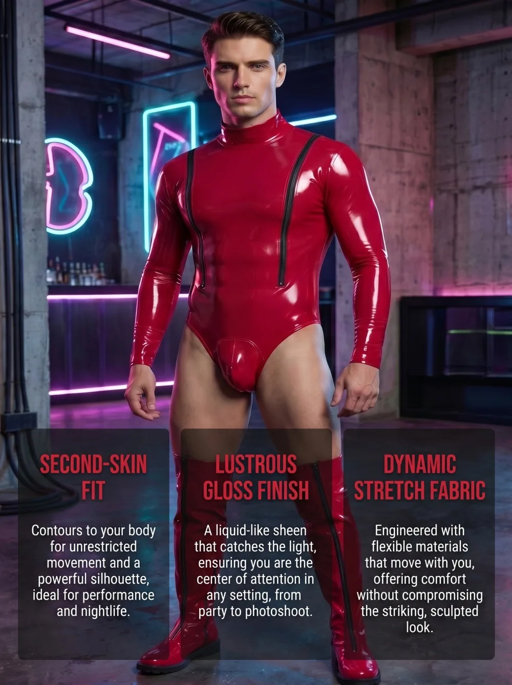 Bild 5: Herren Glänzender PU-Leder Einteiler Sexy Bühnen-Performance-Outfit Stylisch