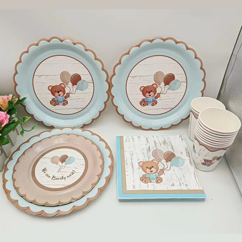 Cute Little Bear Disposable Tableware Paper Plate Paper Cup Napkin Paper Straw Baby Shower Happy Birthday Picnic Party Decor