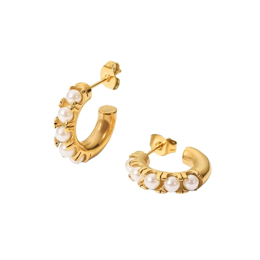 

Stainless Steel PVD 18K Gold Plated Tarnish Waterproof Pearl Inlay CC Hoop Earrings For Woman Jewelry Wholesale Trendy