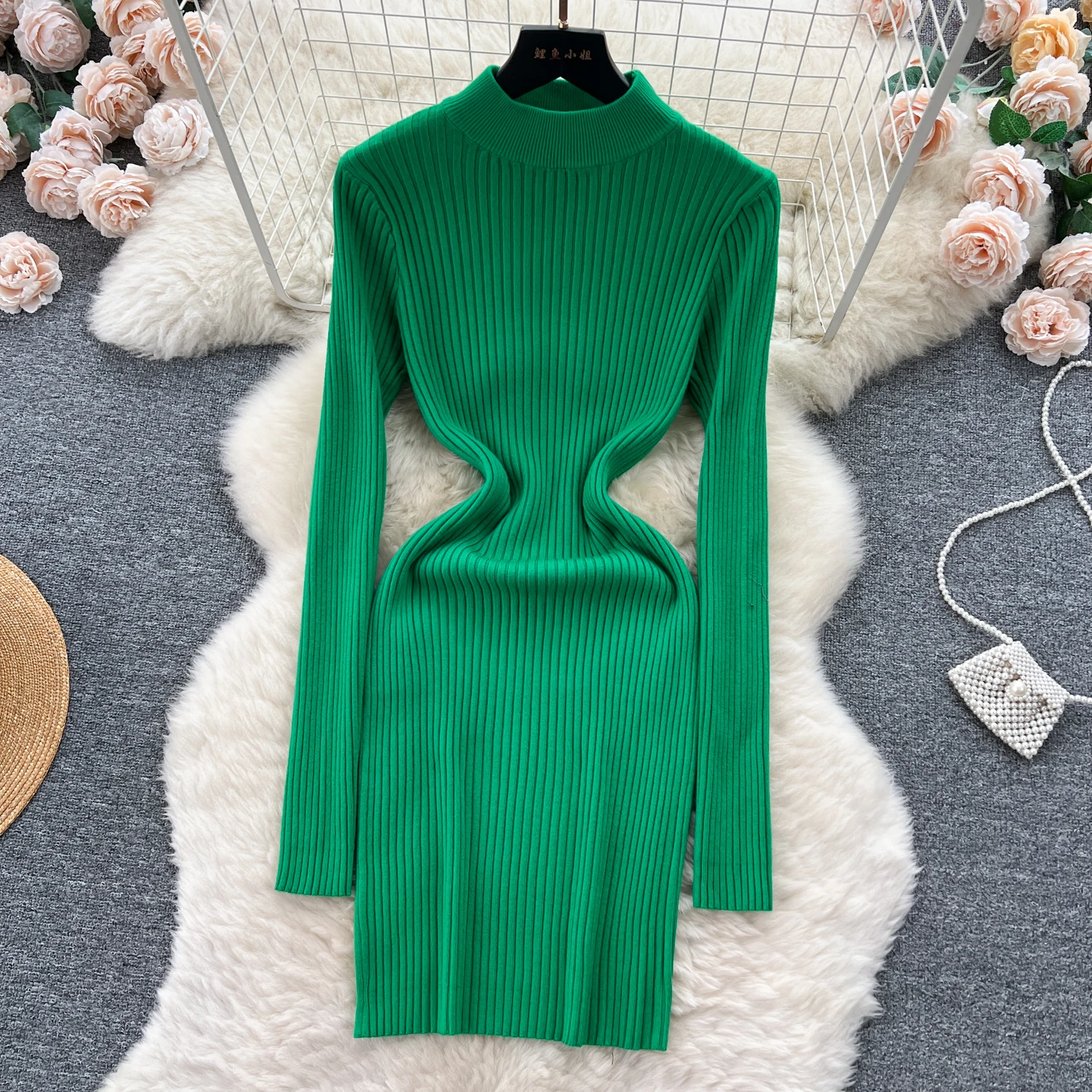 

ALPHALMODA 2023 Autumn Winter New All-matching Solid Knitted Dress Long-sleeved Buttocks Pullovers Short Bottom Dress