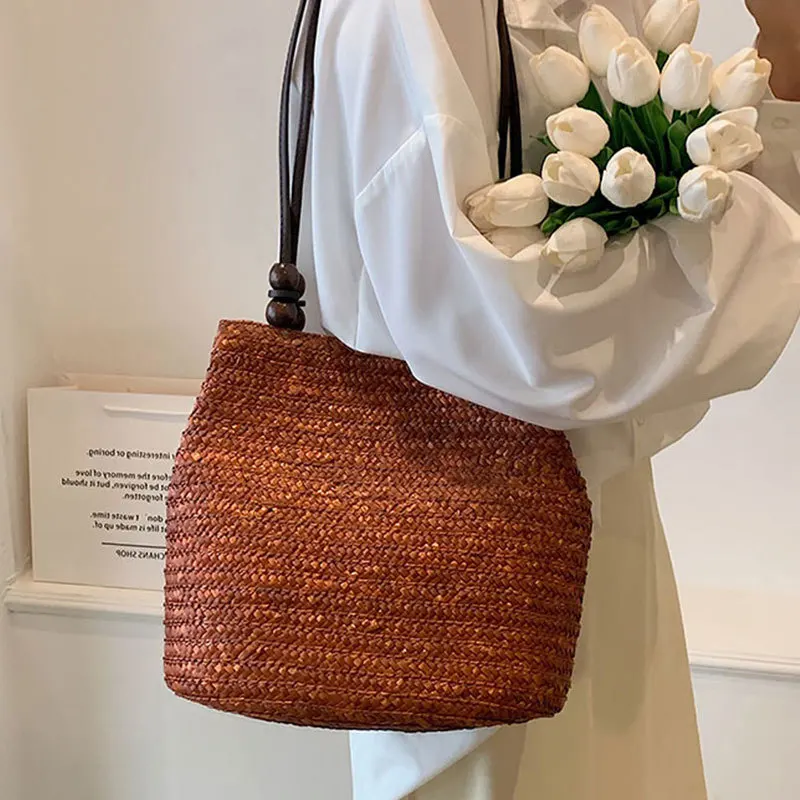 Casual Straw Woven Shoulder Bags For Women Wicker Handbags Handmade Summer Beach Bag Female Travel Large Capacity Rattan Totes