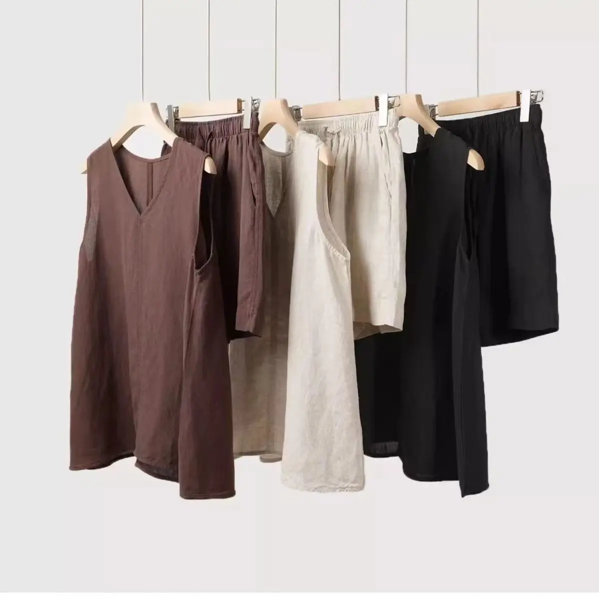 

Summer Cotton Linen Two Set Casual Commuter Front Button Vest + Shorts Set V-Neck Vest 2026 New Women Pure Color Vest Set