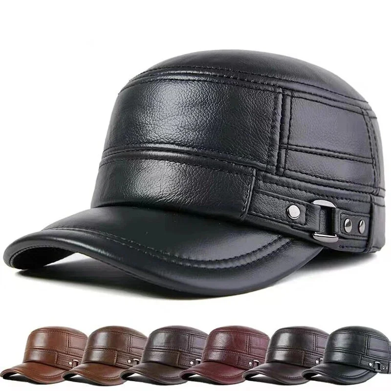 Genuine Men's Flat s Army Military Hat Elegant Man Baseball Cap British Vintage Cowhide Leather Hats